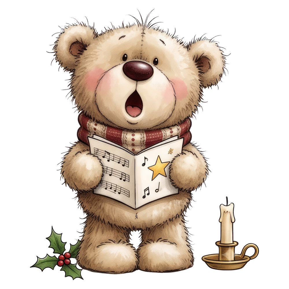 teddy bear, singing bear, music notes, holiday, christmas, winter, cream, beige, tan, burgundy, red, forest green, gold, whimsical, cute, children's, baby, festive, caroling, musical, candle, holly, vintage, traditional, animals, bears, nursery, storybook, charming, decorative
