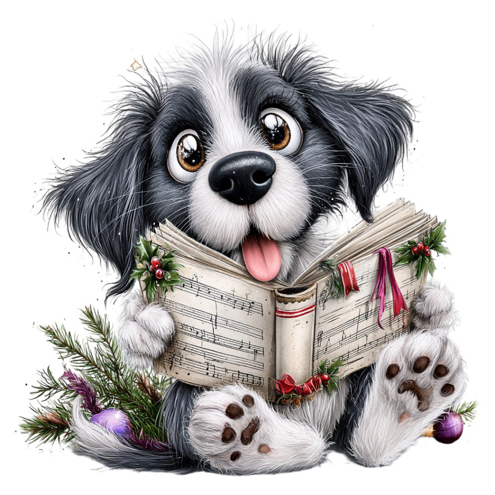 black and white dog, puppy, adorable animals, holiday, christmas, festive, musical notes, sheet music, evergreen, holly, berries, ornaments, ribbons, whimsical, charming, cute, children's, baby, playful, joyful, dark gray, cream white, red accents, purple ornaments, winter, seasonal, decorative, illustration style, storybook