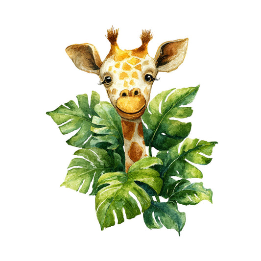 giraffe, animals, safari, wildlife, jungle, tropical, monstera leaves, green leaves, foliage, nature, whimsical, playful, children's, baby, cream, golden yellow, tan, forest green, sage green, cute, friendly, illustration, watercolor, nursery, baby quilt, wall hanging, home decor, spring, summer