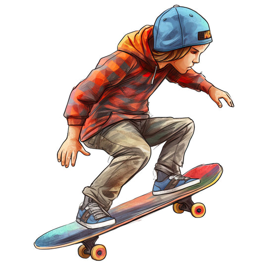 skateboard, sports, boy, youth, action, red plaid, orange, blue, tan, khaki, beige, gold wheels, casual, modern, active, adventure, contemporary, cool, trendy, urban, street style, extreme sports, athletic, energetic, summer, recreation, hobby, fun, vibrant, dynamic