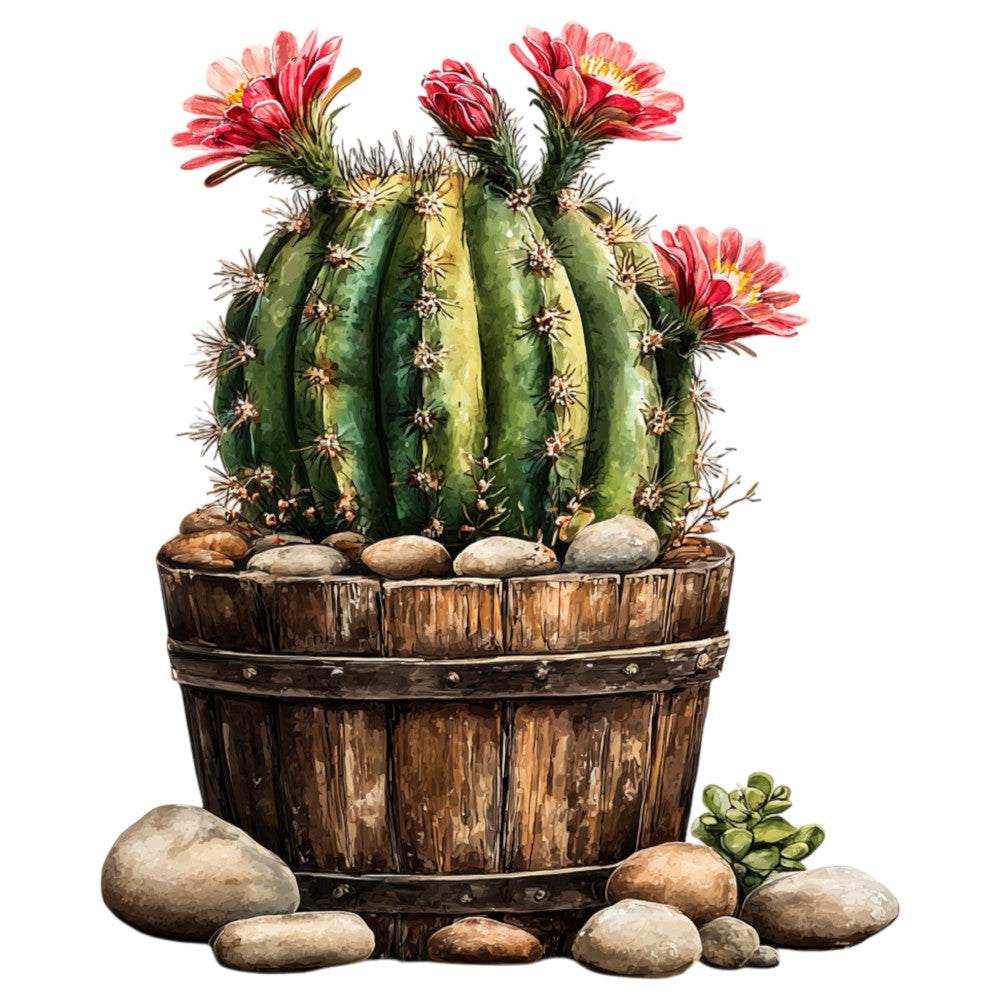 cactus, desert, succulent, botanical, nature, floral, pink flowers, red flowers, yellow centers, green cactus, rustic, western, southwestern, farmhouse, vintage, earthy tones, tan, brown, natural, potted plant, wooden barrel, stones, whimsical, tropical, desert bloom, spring, summer, boho, bohemian