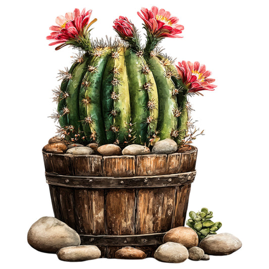 cactus, desert, succulent, botanical, nature, floral, pink flowers, red flowers, yellow centers, green cactus, rustic, western, southwestern, farmhouse, vintage, earthy tones, tan, brown, natural, potted plant, wooden barrel, stones, whimsical, tropical, desert bloom, spring, summer, boho, bohemian