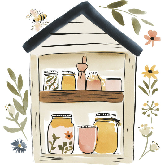 cream, sage green, golden yellow, coral pink, navy blue, dusty rose, botanical, floral, nature, farmhouse, cottage, pantry, jars, preserves, honey, bees, flowers, herbs, vintage, rustic, whimsical, spring, summer, home decor, kitchen themed, botanical illustration, wildflowers, daisy, cottage core, homemade