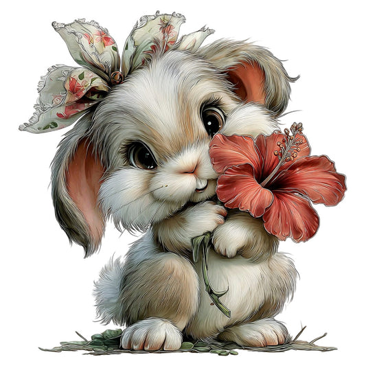 cute bunny, adorable rabbit, fluffy animal, coral pink flowers, red hibiscus, cream white, soft pastels, floral design, whimsical style, children's fabric, baby quilt, nursery decor, animal character, sweet bunny, spring flowers, garden themed, playful design, soft colors, nature inspired, cute characters, illustrated animals, kids fabric, decorative panel, wall hanging, pastel floral, red blossoms, white fur, gentle theme, delicate flowers, charming creatures