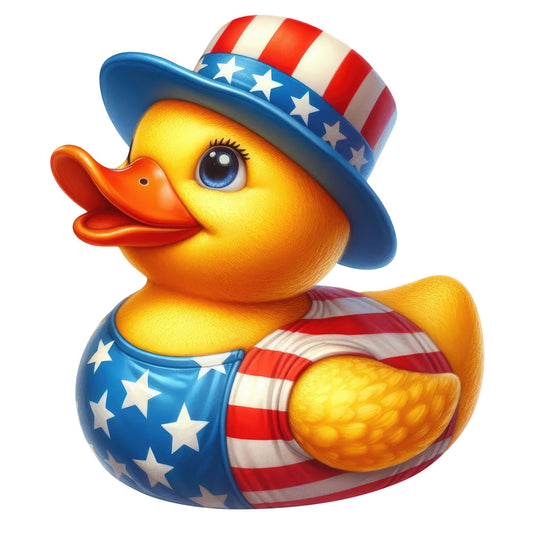 patriotic duck, rubber ducky, american flag, stars and stripes, red white blue, golden yellow, orange beak, whimsical, novelty, patriotic theme, fourth of july, independence day, kids, children, playful, cute animals, bath time, nursery, summer, patriotic animals, bath duck, star motif, striped pattern, americana, decorative panel, fun prints, character fabric