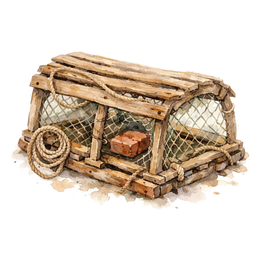 lobster trap, fishing, nautical, coastal, seaside, vintage, rustic, weathered, ocean, maritime, beige, tan, cream, brown, rust, rope, net, weathered wood, farmhouse, shabby chic, americana, fishing village, seaside cottage, whimsical, illustration, watercolor, detailed, rustic coastal, beach theme, seashore