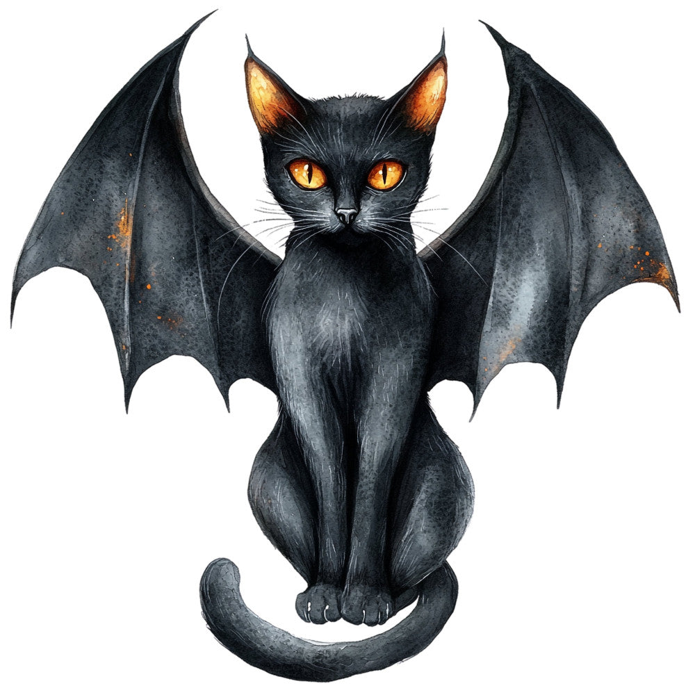 black cat, bat wings, gothic, halloween, spooky, amber eyes, yellow eyes, dark fantasy, supernatural, mystical, witchy, demon cat, winged cat, black, charcoal gray, dark gray, autumn, fall, horror, creepy, eerie, whimsical, dark whimsical, magical, enchanted, celestial, night, nocturnal, fantasy animals, mythical creatures