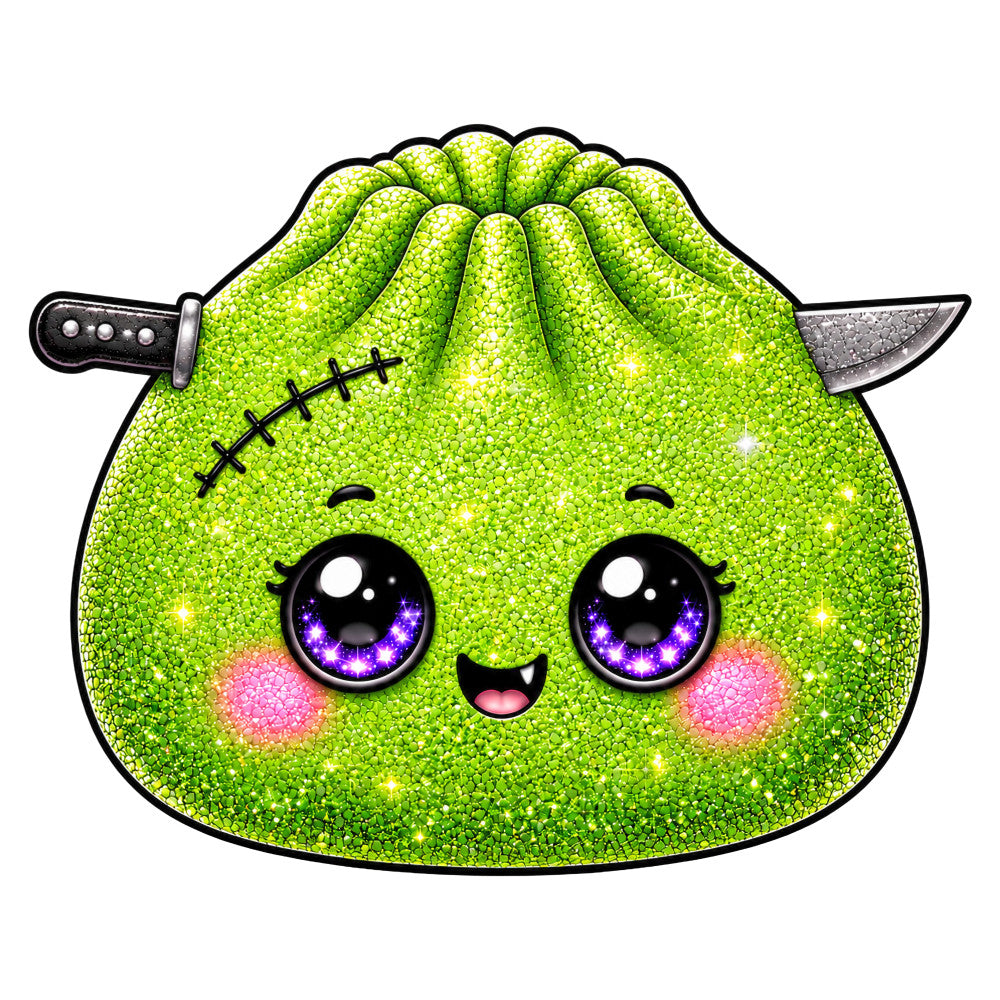 lime green, sparkly, glittery, purple eyes, pink cheeks, cute character, kawaii, whimsical, playful, stitched detail, knife motif, fantasy, magical, child-friendly, novelty, cartoon style, bright and bold, metallic accents, lime sparkle, amethyst purple, bubblegum pink, monster themed, creature design, kids quilting, nursery decor, panel print, character fabric, fun and quirky, modern whimsical