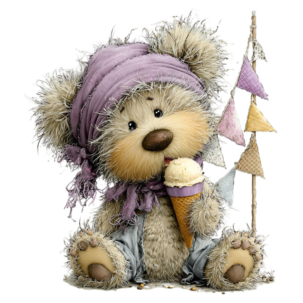 teddy bear, lavender purple, cream, tan, beige, whimsical, cute, adorable, children's, baby, animals, bears, ice cream cone, festive, playful, sweet, soft, gentle, pastel colors, muted tones, holiday, winter, seasonal, decorative, nursery, kid's quilt, wall hanging, softy fabric, stuffed animal aesthetic