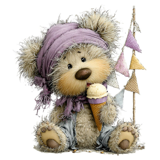 teddy bear, lavender purple, cream, tan, beige, whimsical, cute, adorable, children's, baby, animals, bears, ice cream cone, festive, playful, sweet, soft, gentle, pastel colors, muted tones, holiday, winter, seasonal, decorative, nursery, kid's quilt, wall hanging, softy fabric, stuffed animal aesthetic