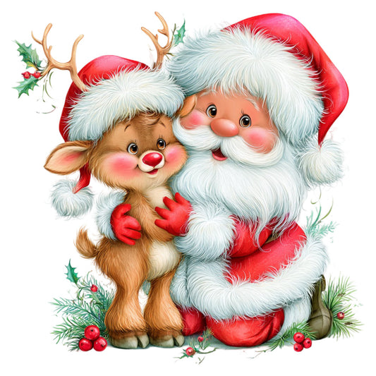 santa claus, reindeer, rudolph, christmas, holiday, red, white, cream, forest green, holly, berries, festive, whimsical, vintage christmas, traditional, jolly, cute animals, children's, cheerful, nostalgic, retro, decorative, seasonal, winter, gift fabric, panel print, character print, illustrated, friendly, warm tones