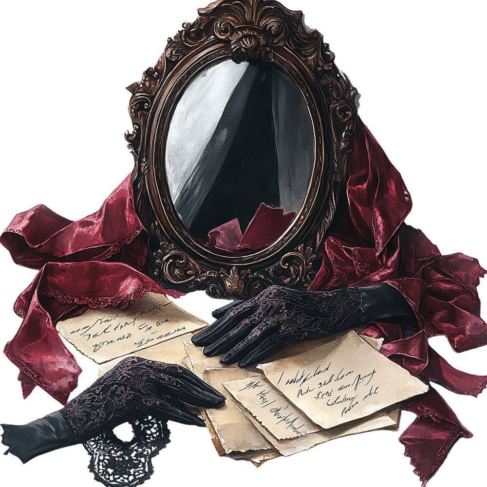 burgundy, deep red, black, ornate mirror, baroque frame, vintage letters, handwritten script, black lace, raven wings, dark wings, gothic style, romantic mood, antique mirror, crimson fabric, draped silk, mysterious atmosphere, fabric panel, quilting cotton, moody aesthetic, victorian inspired