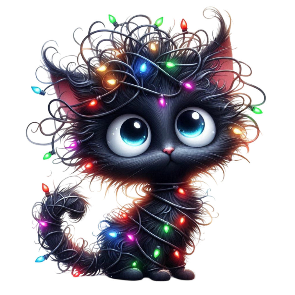 black cat, colorful lights, christmas lights, holiday, festive, whimsical, cute animals, cat face, big eyes, blue eyes, multicolor, red lights, green lights, blue lights, purple lights, gold lights, dark background, magical, playful, modern, fantasy, character design, children's, decorative, wall hanging, throw pillow, baby nursery, novelty print, illuminated, glowing effects