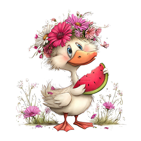cute duck, watermelon, pink flowers, daisies, floral, whimsical, spring, summer, animals, birds, nature, cottage core, farmhouse, children's, baby, pastel colors, coral orange, hot pink, magenta, cream white, botanical, playful, cheerful, illustration, storybook, sweet, gentle, garden theme