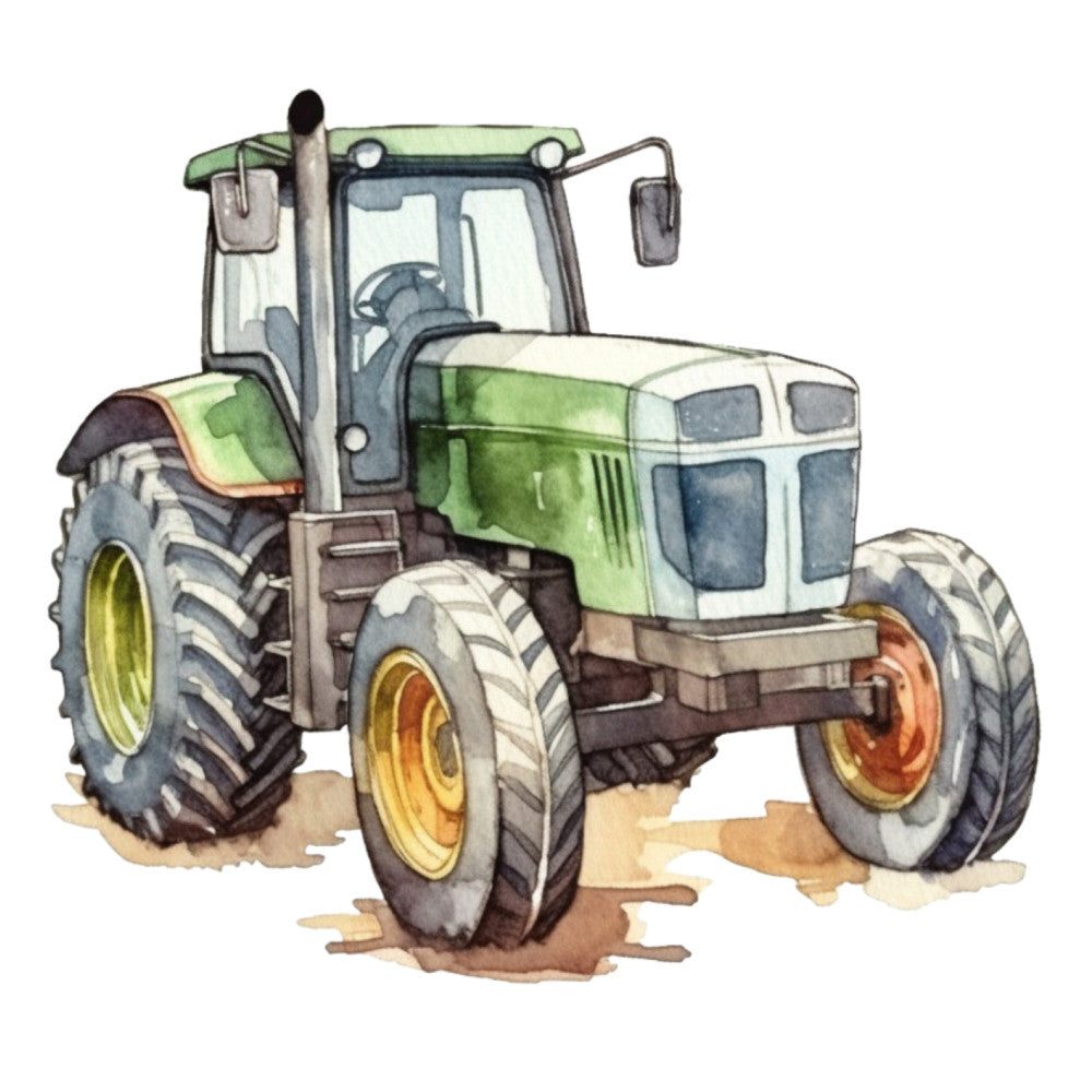 watercolor tractor, green tractor, farm vehicle, agricultural machinery, soft watercolor, painted illustration, farming theme, rural scene, large tires, cab windows, exhaust pipe, earth tones, muted colors, fabric panel, quilting cotton, children's fabric, farm motif, country style, vehicle illustration, artistic rendering