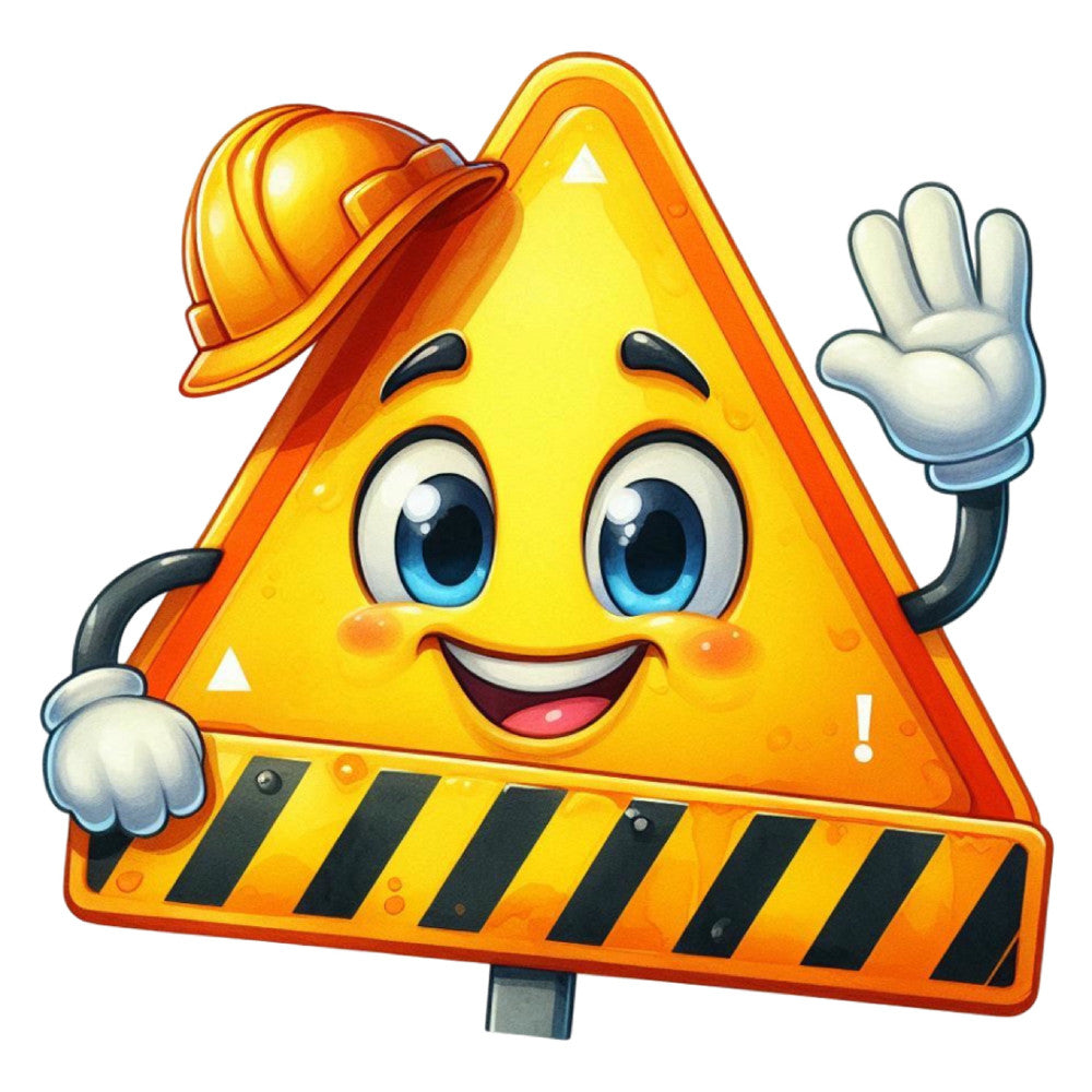 bright yellow, orange, construction, warning sign, triangle, hard hat, safety, cheerful, whimsical, cartoon, character, children, playful, cute, friendly face, striped, black and white stripes, construction worker, industrial, kid-friendly, nursery, baby, toddler, wall hanging, educational, traffic sign, caution, safety themed, fun, animated character