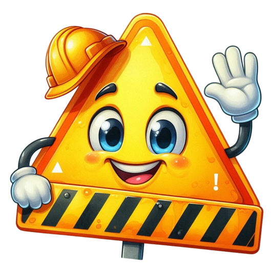 bright yellow, orange, construction, warning sign, triangle, hard hat, safety, cheerful, whimsical, cartoon, character, children, playful, cute, friendly face, striped, black and white stripes, construction worker, industrial, kid-friendly, nursery, baby, toddler, wall hanging, educational, traffic sign, caution, safety themed, fun, animated character
