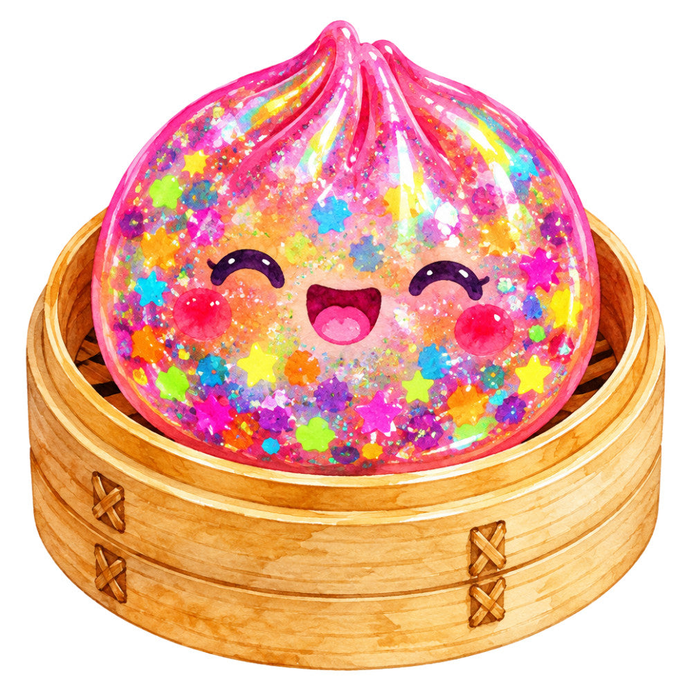 hot pink, neon pink, bright magenta, golden tan, rainbow colors, multicolor, colorful, stars, sparkles, glitter, sequins, shiny, whimsical, cute, kawaii, playful, child-themed, children, kids, festive, cheerful, happy face, character design, dimensional, puffy, dimensional toy, collectible character, pastel rainbow, neon colors, fun