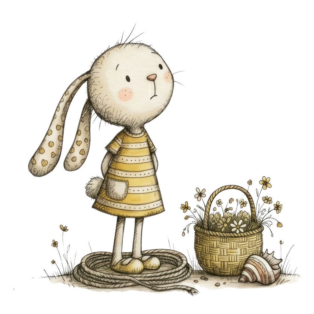 cute bunny, whimsical rabbit, yellow striped dress, cream beige, soft pastels, heart pattern, basket of flowers, daisy flowers, spring theme, easter, baby nursery, children's illustration, storybook style, vintage children, adorable animals, sweet design, gentle style, neutral tones, tan and cream, floral basket, long ears, character design, playful theme, soft illustration, nature inspired, rustic charm, cottage core, whimsy, baby quilt, nursery decor