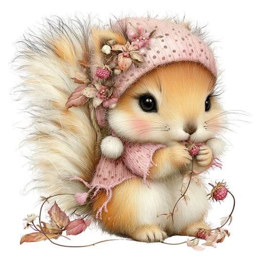 cute animal, squirrel, woodland creature, floral, pink flowers, raspberries, berries, spring, whimsical, sweet, delicate, pastel pink, cream, tan, orange, nature-inspired, romantic, vintage botanical, baby, nursery, children's, girl, soft, gentle, garden, wildflowers, cottage core, storybook, illustration style, decorative panel