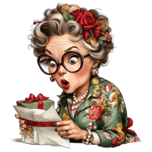 forest green, red roses, cream, pearl white, vintage floral, elegant, whimsical, retro, grandma chic, nostalgic, 1950s style, round glasses, botanical, rose motif, pearl necklace, charming character, humorous, novelty print, gift theme, red ribbon, warm tones, traditional, cottage core, timeless, decorative arts, classic, festive, women's apparel inspired, statement piece, quirky charm