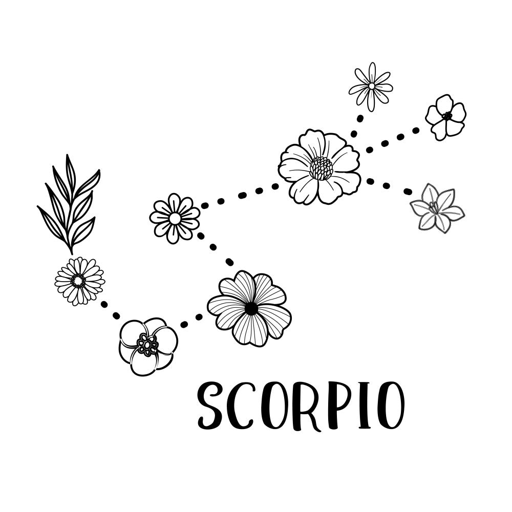scorpio zodiac, floral, botanical, line art, black and white, flowers, daisy, cosmos, leaves, nature, whimsical, celestial, astrology, horoscope, minimalist, sketch style, decorative, spring, summer, boho, bohemian, modern, elegant, wall hanging, home decor, spiritual, mystical, constellation, single color, contemporary