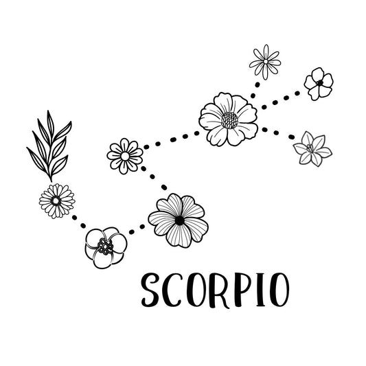 scorpio zodiac, floral, botanical, line art, black and white, flowers, daisy, cosmos, leaves, nature, whimsical, celestial, astrology, horoscope, minimalist, sketch style, decorative, spring, summer, boho, bohemian, modern, elegant, wall hanging, home decor, spiritual, mystical, constellation, single color, contemporary