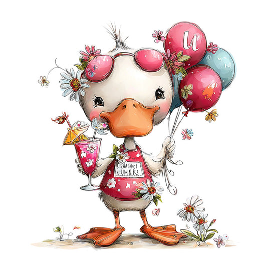 whimsical duck, coral pink, mint green, hot pink, character fabric, cute animal, floral design, daisy flowers, balloons, celebration, cheerful, playful, spring, summer, children's fabric, girl's fabric, party theme, festive, illustrated, storybook style, ducks, flowers and animals, decorative apron, apron print, umbrella print, cocktail glass, fun and colorful, pastel accents, sweet theme, nursery fabric