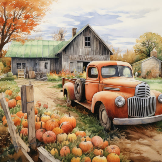 autumn, fall, harvest, farmhouse, vintage truck, pumpkins, rustic, countryside, rural, orange, rust, cream, sage green, forest green, sky blue, vintage americana, retro, nostalgic, barn, pastoral, seasonal, thanksgiving, pumpkin patch, old truck, classic vehicle, warm tones, countryside scene, traditional, cottage core