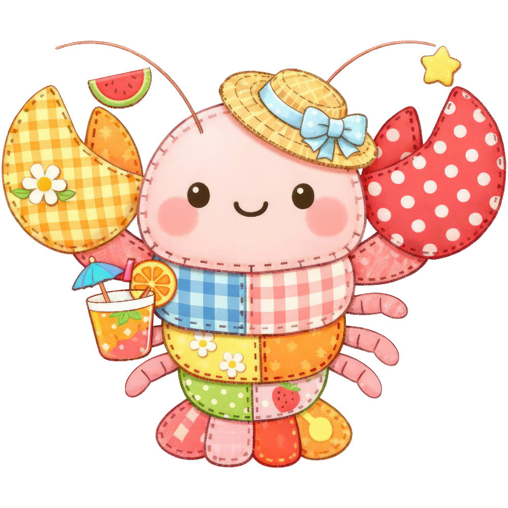cute crab, whimsical, summer, beach theme, tropical, colorful, polka dots, checkered, gingham, striped, watermelon, citrus, orange, coral pink, yellow, red, green, blue, pastel, children's, baby quilt, nursery, playful, fun, cheerful, seaside, vacation, umbrella, straw hat, seaside animals