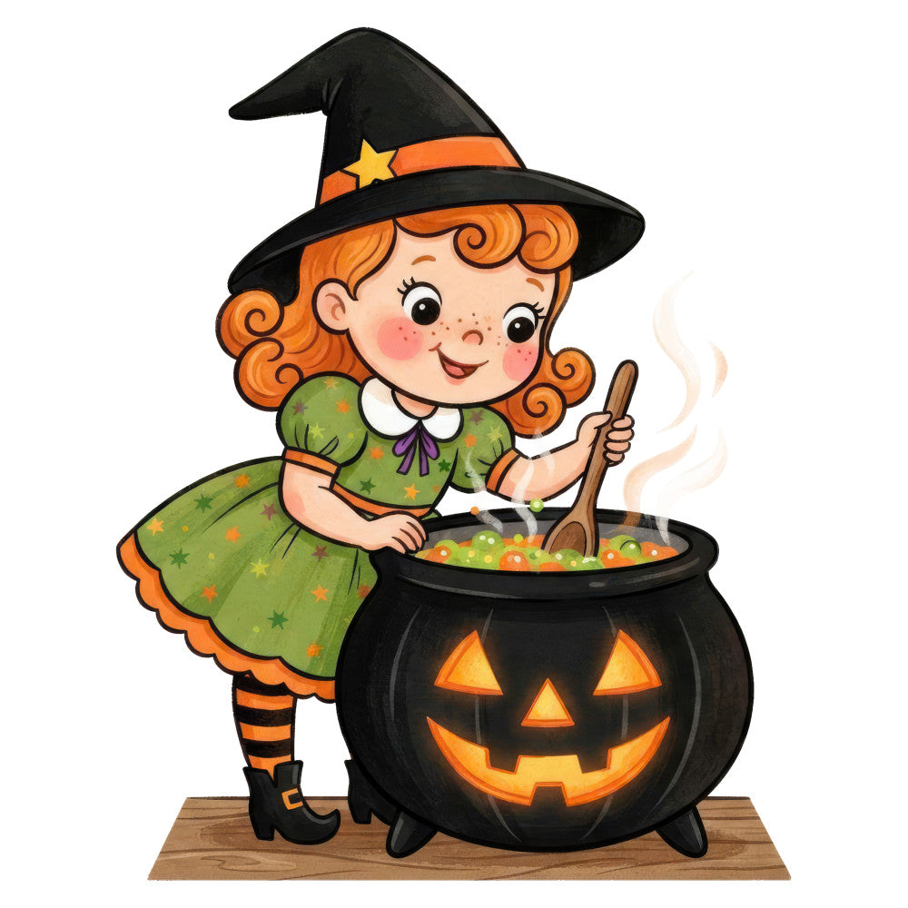 witch, halloween, autumn, fall, orange, black, green, pumpkin, cauldron, stars, whimsical, festive, holiday, magical, cute, cheerful, children's, jack-o-lantern, spell casting, potion, seasonal, trick-or-treat, spooky, playful, charming, wall hanging, decorative panel, costume themed, tangerine, forest green