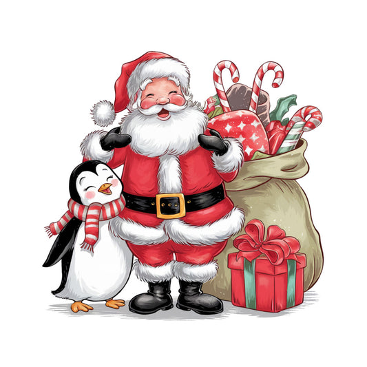 red, white, black, green, orange, santa claus, penguin, christmas gifts, candy canes, fabric panel, quilting cotton, holiday theme, winter scene, cartoon style, cheerful, festive, christmas decoration, gift bag, striped scarf, jolly santa