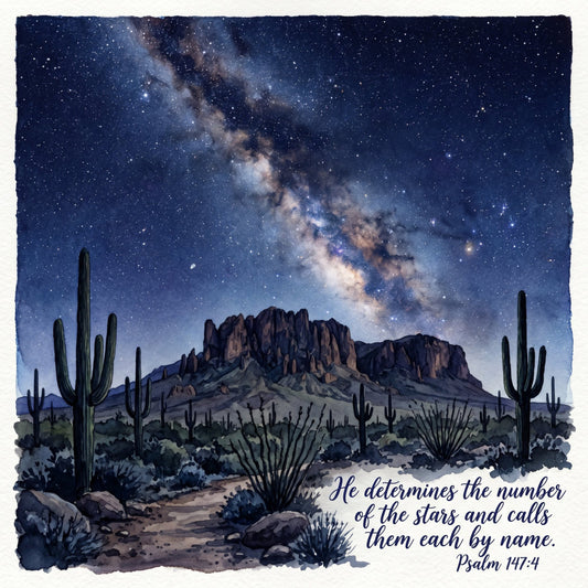 navy blue, midnight blue, deep blue, desert tan, sandy brown, sage green, dusty green, charcoal gray, cream, white, celestial, stars, milky way, galaxy, desert landscape, saguaro cactus, mountain, night sky, spiritual, inspirational, scripture, psalm, bohemian, rustic, southwestern, desert, starry night, spiritual quote, nature, landscape