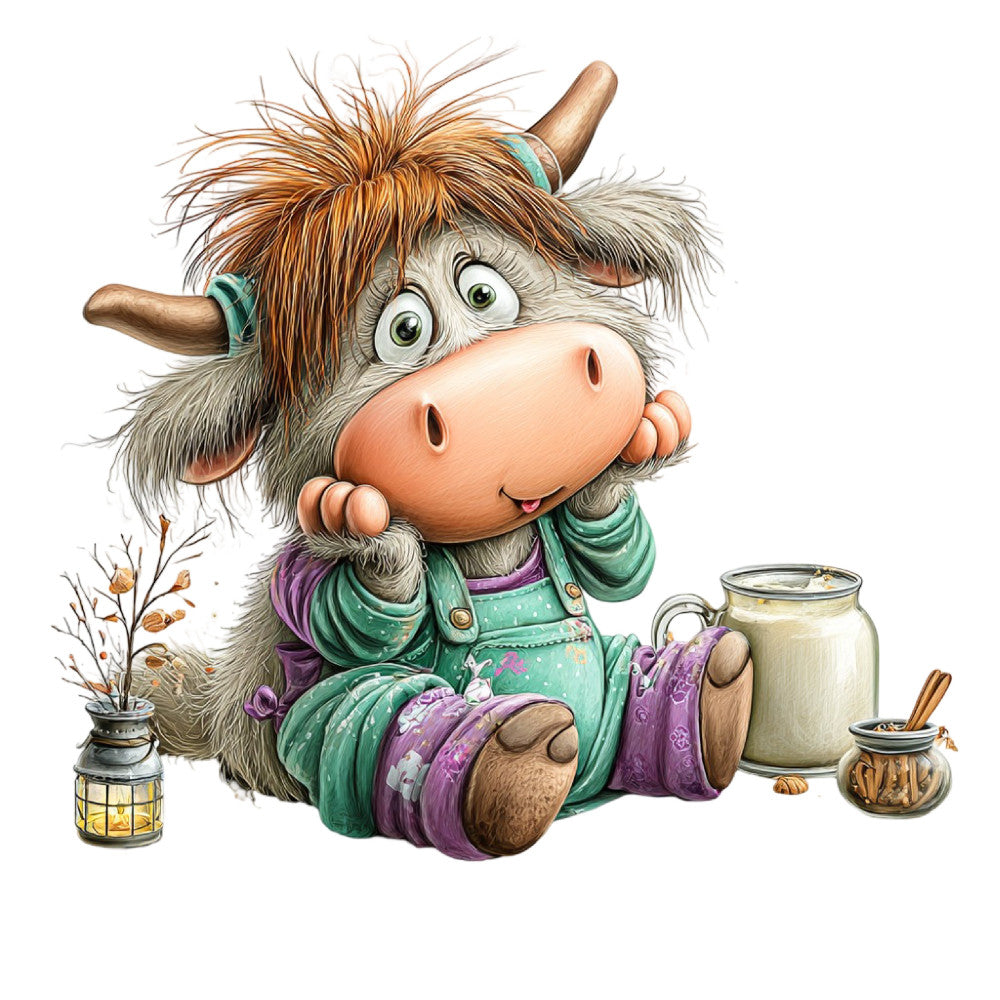 highland cattle, whimsical animals, cute cow, teal green, purple, cream, brown, rust orange, farmhouse style, rustic, cottage core, children's illustration, playful, folk art, animal character, country themed, pastoral, decorative motifs, milk jug, folk tradition, charming, storybook, nursery, cozy farmhouse, adorable creatures, traditional folk, earthy tones, sweet characters