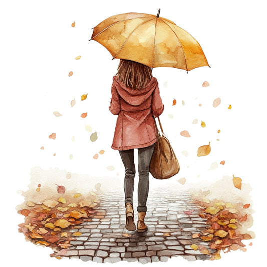 autumn, fall, woman, girl, figure, umbrella, gold umbrella, golden yellow, burnt orange, rust, terracotta, dusty rose, mauve, brown, gray, charcoal, cream, beige, falling leaves, leaf motifs, cobblestone path, whimsical, romantic, nature, seasonal, contemplative, nostalgic, vintage inspired, illustration style, watercolor