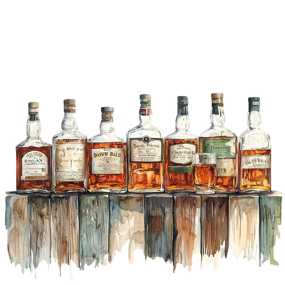 whiskey bottles, bourbon, amber liquid, glass bottles, wooden shelf, watercolor style, brown tones, golden hues, orange shades, green accents, distressed wood, fabric panel, quilting cotton, bar scene, spirits collection, rustic mood, painted effect, beverage theme, masculine design, earthy palette