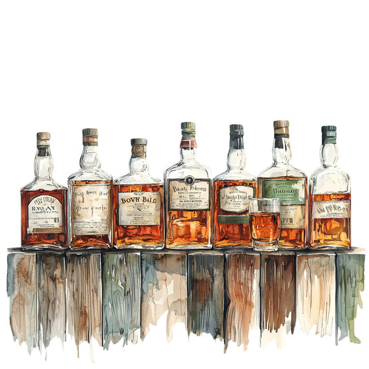 whiskey bottles, bourbon, amber liquid, glass bottles, wooden shelf, watercolor style, brown tones, golden hues, orange shades, green accents, distressed wood, fabric panel, quilting cotton, bar scene, spirits collection, rustic mood, painted effect, beverage theme, masculine design, earthy palette