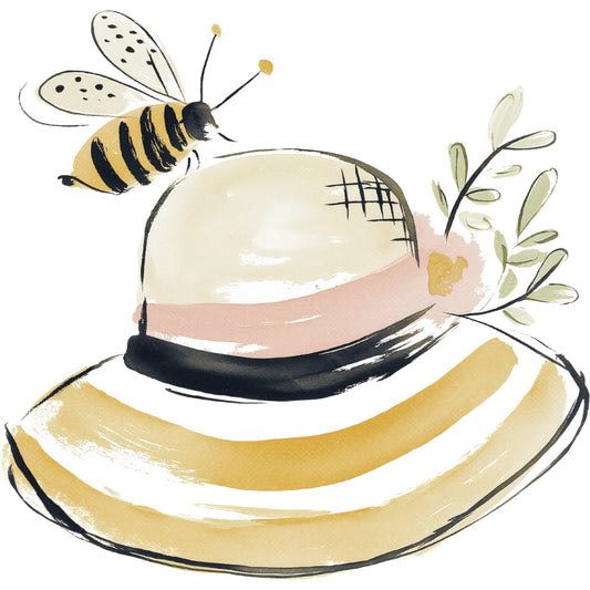 bee, honey bee, bananas, botanical, nature, insects, whimsical, spring, summer, cream, golden yellow, black, dusty rose, blush pink, sage green, leaf motif, floral, striped, modern, playful, children, baby, nursery, illustration, watercolor, organic, garden theme, fruit, pollinators