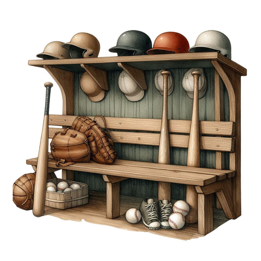 baseball, sports, vintage, nostalgic, americana, americana sports, retro, rustic, tan, beige, cream, dark green, rust orange, grey, wooden, dugout, locker room, equipment storage, bench, helmets, bats, gloves, baseballs, shoes, athletic, leisure, recreation, sports equipment, traditional, americana vintage