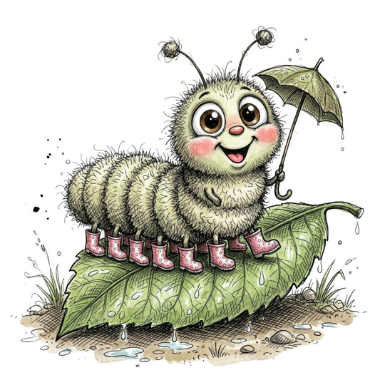 whimsical caterpillar, cute bug, children's illustration, rain theme, rainy day, umbrella, pink rain boots, green leaf, nature inspired, animal character, playful design, charming creatures, storybook style, children's fabric, nursery theme, kid's quilt, soft green, cream colored, pink accents, autumn colors, spring nature, woodland creature, illustrated animals, cheerful mood, sweet expression, decorative panel, statement print, character design, charming whimsy