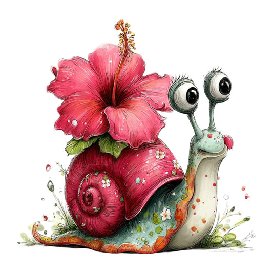 whimsical snail, bright pink, coral pink, crimson red, sage green, soft white, cream, floral, nature, garden creatures, fantasy, illustration, children's, baby, spring, summer, magical, playful, cute, botanical, flowers, hibiscus, eyes, long stemmed, decorative, artistic, storybook style, enchanted garden