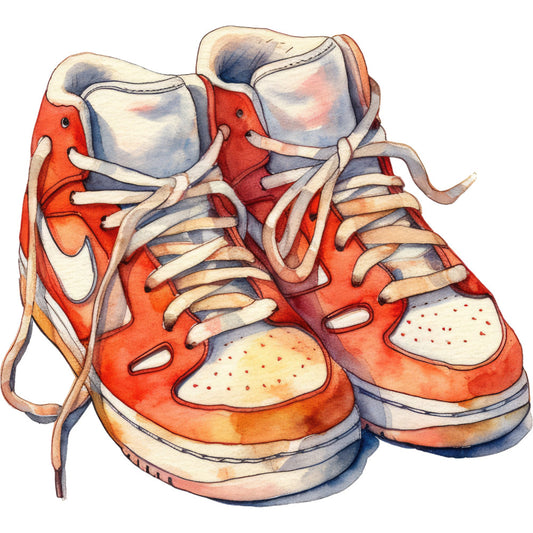 sneakers, athletic shoes, red orange, cream white, navy blue, cartoon, illustration, whimsical, sporty, casual, streetwear, kids fashion, youth culture, sneaker design, shoe motif, laces detail, high-top shoes, retro style, playful, fun print, sports themed, modern, apparel fabric, novelty print, footwear design, contemporary, pop art style, colorful, vibrant shades, children's clothing