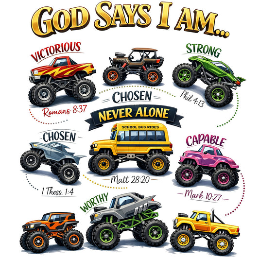monster trucks, bright colors, yellow, green, pink, red, orange, blue, inspirational quotes, religious, faith-based, children's, boys, vehicles, trucks, school bus, motivational, spiritual, bible verses, colorful, vibrant, playful, whimsical, contemporary, modern, kid's bedding, nursery, bedroom decor, wall art, affirmation