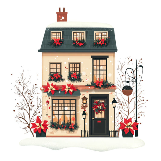 christmas, holiday, winter, festive, poinsettia, red poinsettia, cream, dark green, black, gold accents, house, cottage, victorian, architectural, wreath, garland, evergreen, snow, seasonal, traditional, elegant, nostalgic, vintage, home decor, wall hanging, panel fabric, decorative, red and green, cream and black, lantern