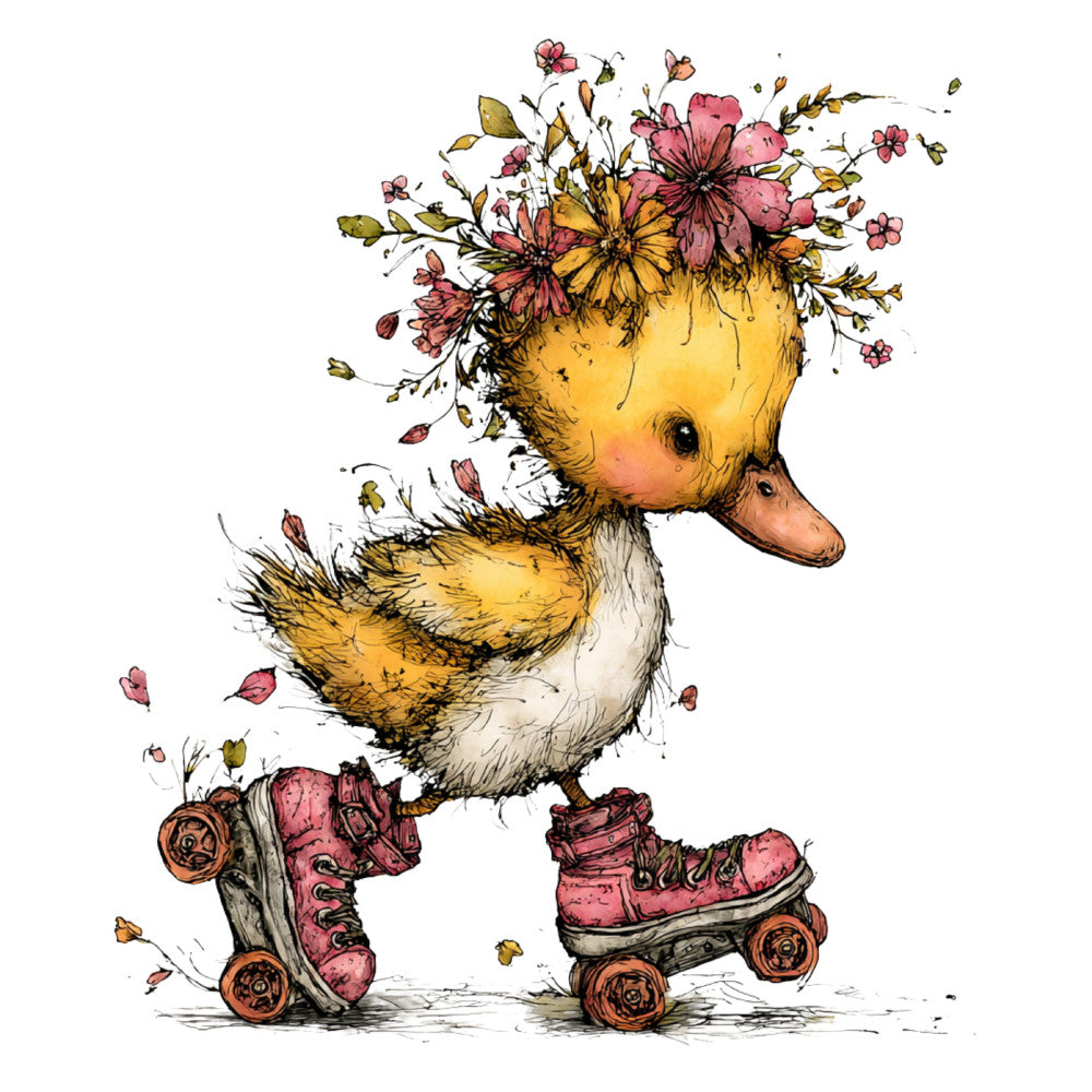 duck, yellow, coral pink, dusty rose, whimsical, roller skates, flowers, floral, nature, spring, animal, farmhouse, vintage, storybook, children's, botanical, daisies, boots, shoes, character, adorable, sweet, illustrated, watercolor, woodland, garden, pastel, playful, shabby chic, rustic charm