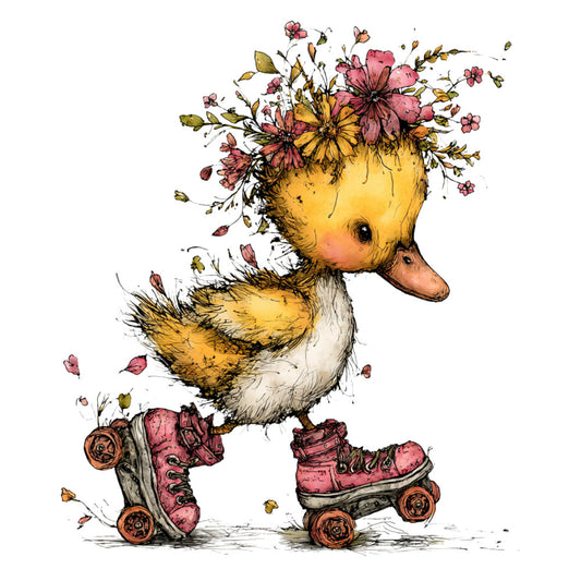 duck, yellow, coral pink, dusty rose, whimsical, roller skates, flowers, floral, nature, spring, animal, farmhouse, vintage, storybook, children's, botanical, daisies, boots, shoes, character, adorable, sweet, illustrated, watercolor, woodland, garden, pastel, playful, shabby chic, rustic charm