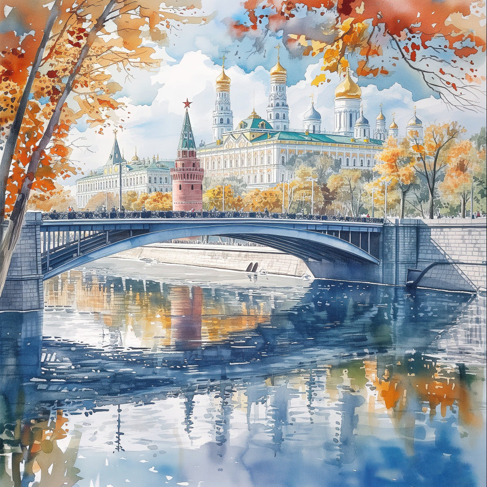 autumn landscape, fall foliage, golden domes, religious architecture, russian kremlin, cityscape, watercolor style, blue water, golden yellow, burnt orange, cream white, light blue, architectural, bridges, reflection, trees, european, travel themed, scenic, elegant, traditional, nature inspired, watercolor painting, autumn colors, fall scene, decorative panel, art print style, transitional
