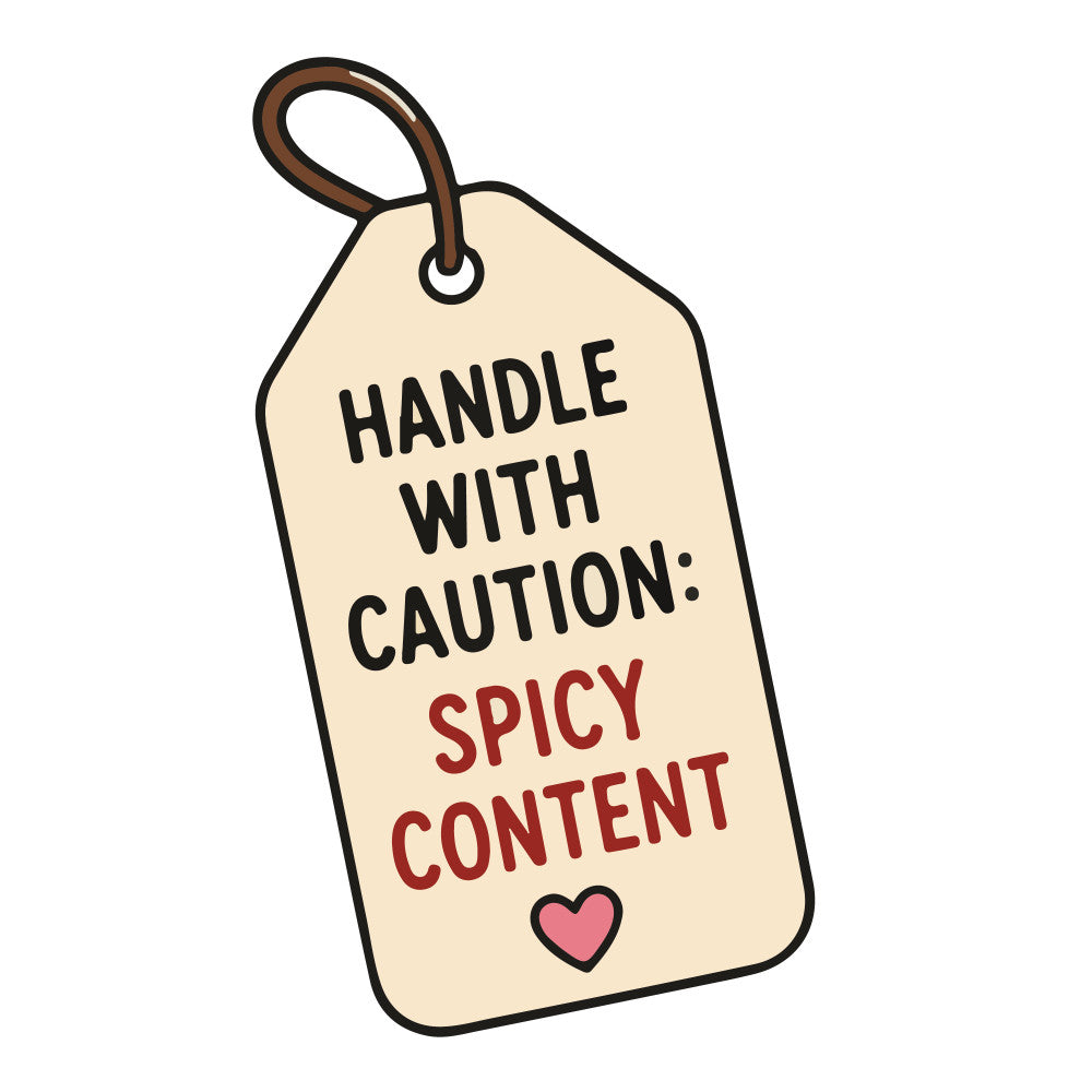 cream, beige, tan, red, burgundy, heart, tag, label, warning, caution, humorous, funny, whimsical, sarcastic, romantic, love, spicy, kitchen, cooking, food themed, modern, contemporary, playful, decorative, home décor, wall hanging, craft projects, novelty, text-based, typography