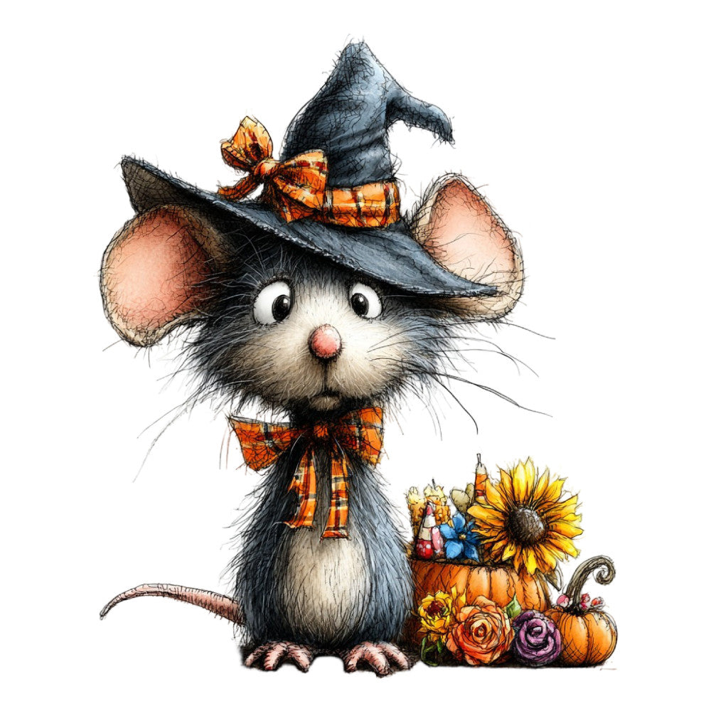 witch cat, black cat, orange plaid, autumn, fall, halloween, pumpkins, sunflowers, flowers, whimsical, cute, animals, cats, witch hat, bow tie, harvest, seasonal, festive, children's, kids, playful, charming, decorative, orange and black, folk art, storybook, magical, enchanted, novelty print