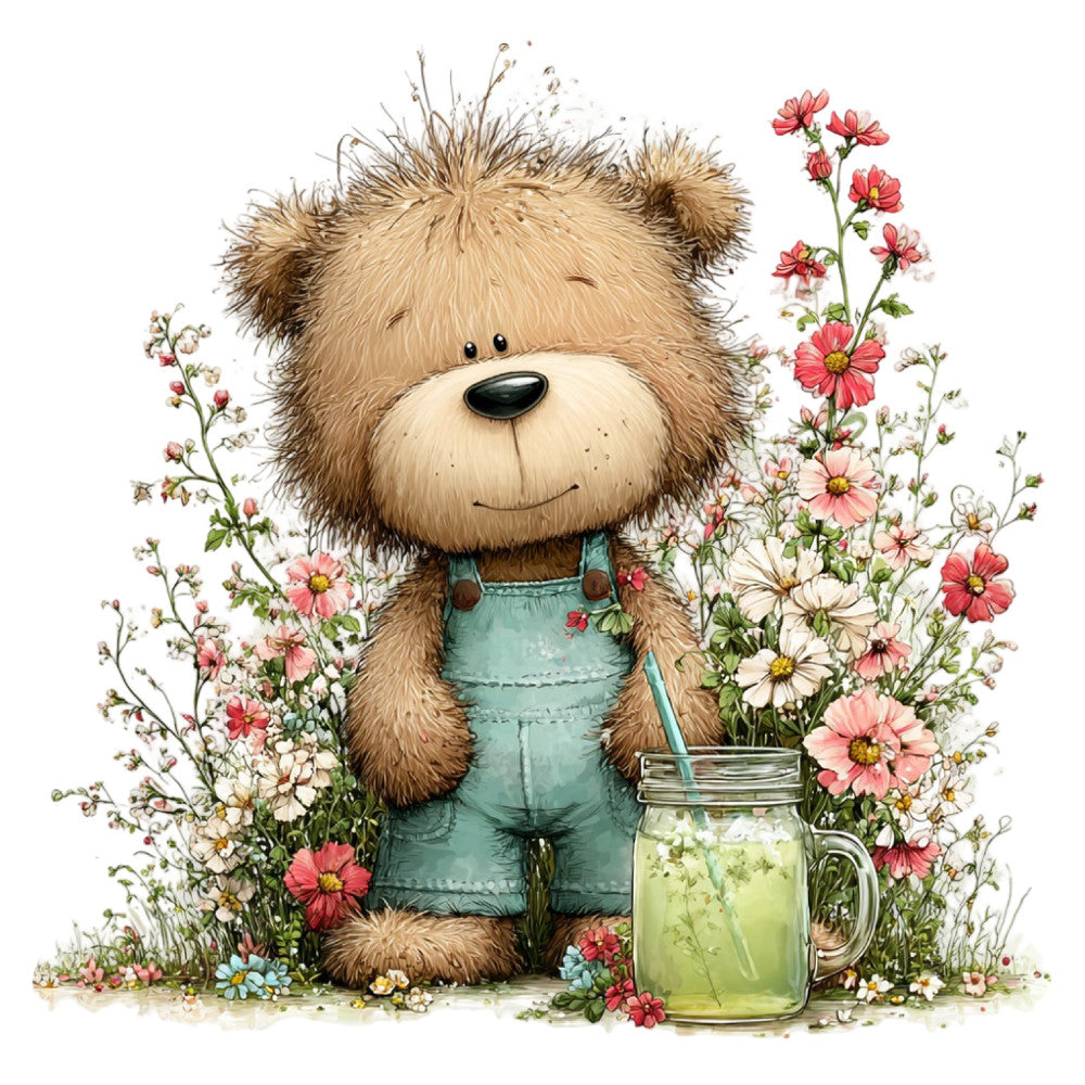 teddy bear, cute animals, whimsical, spring, floral, daisies, cosmos flowers, pink flowers, cream, sage green, tan, brown, nature, garden, children's, baby, playful, gentle, soft, charming, illustrated, storybook, pastoral, cheerful, flowers with animals, beverage motif, mason jar, rustic, innocent, sweet